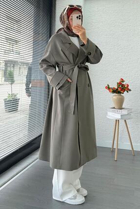 Premium Cepli Oversize Kadın Trençkot – Haki Image 5