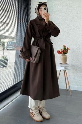 Premium Cepli Oversize Kadın Trençkot – Kahverengi Image 7