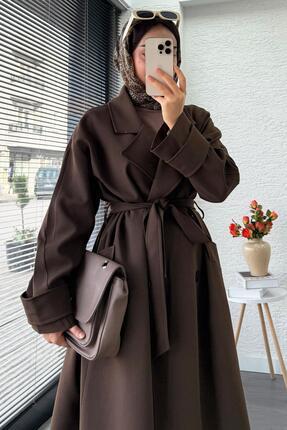 Premium Cepli Oversize Kadın Trençkot – Kahverengi Image 2
