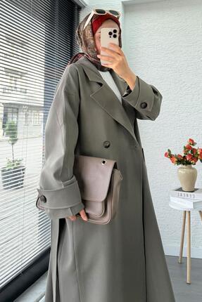 Premium Cepli Oversize Kadın Trençkot – Haki Image 6