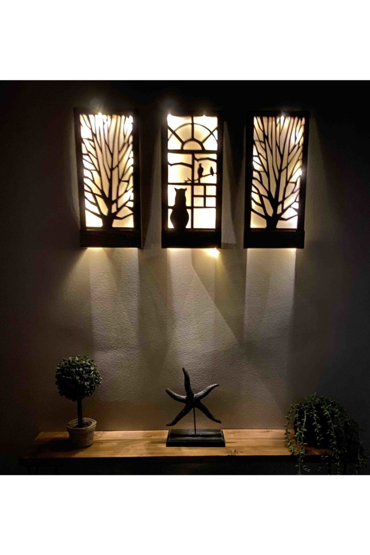 DDTREND Peri Led Li Pilli Ağaç Kedi Kuş Desenli Hediyelik Ahşap Tablo, 18x36 Cm 3 Lü Set Gece Lambası