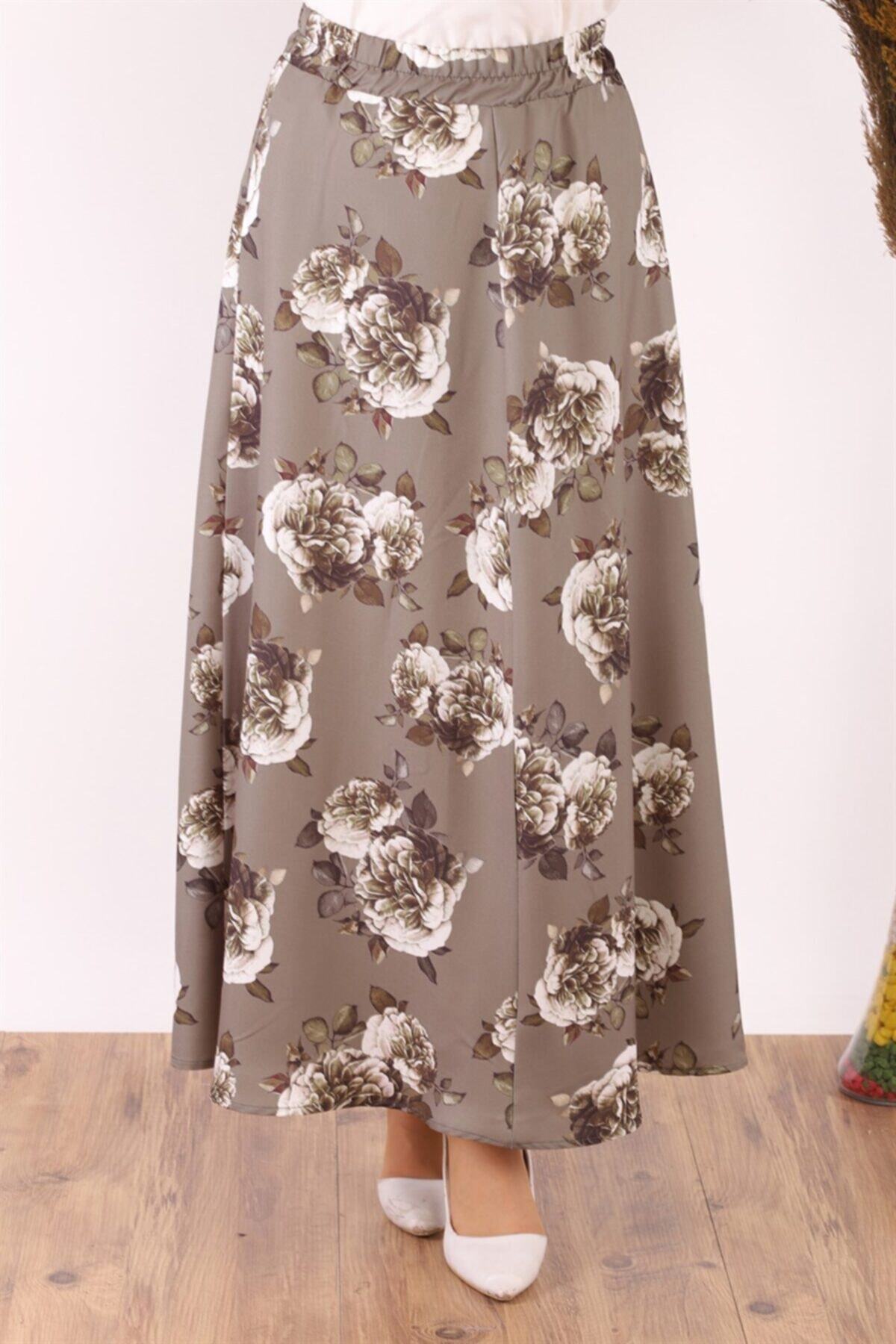 ModaBerfu Gül Desenli Kloş Etek (haki)