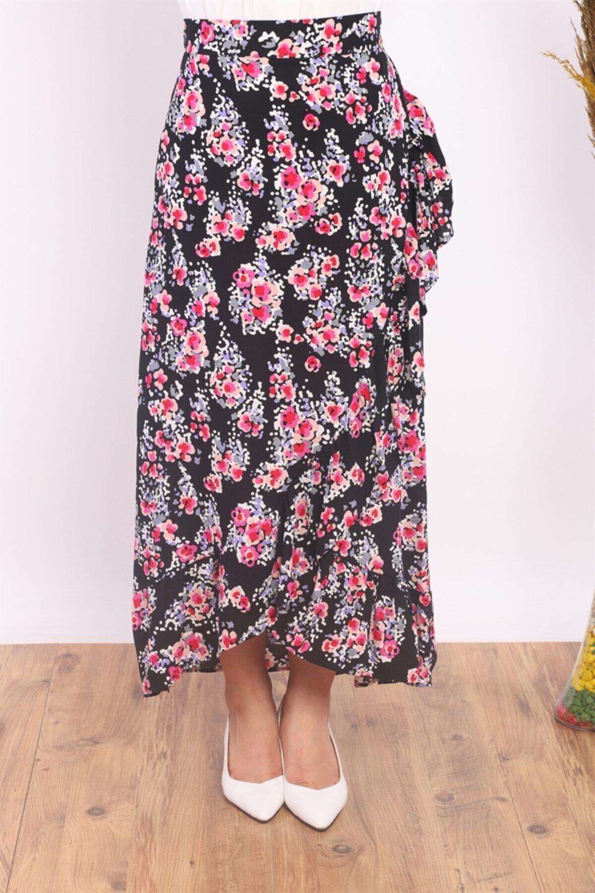 ModaBerfu Fırfır Detaylı Etek (siyah-pembe)