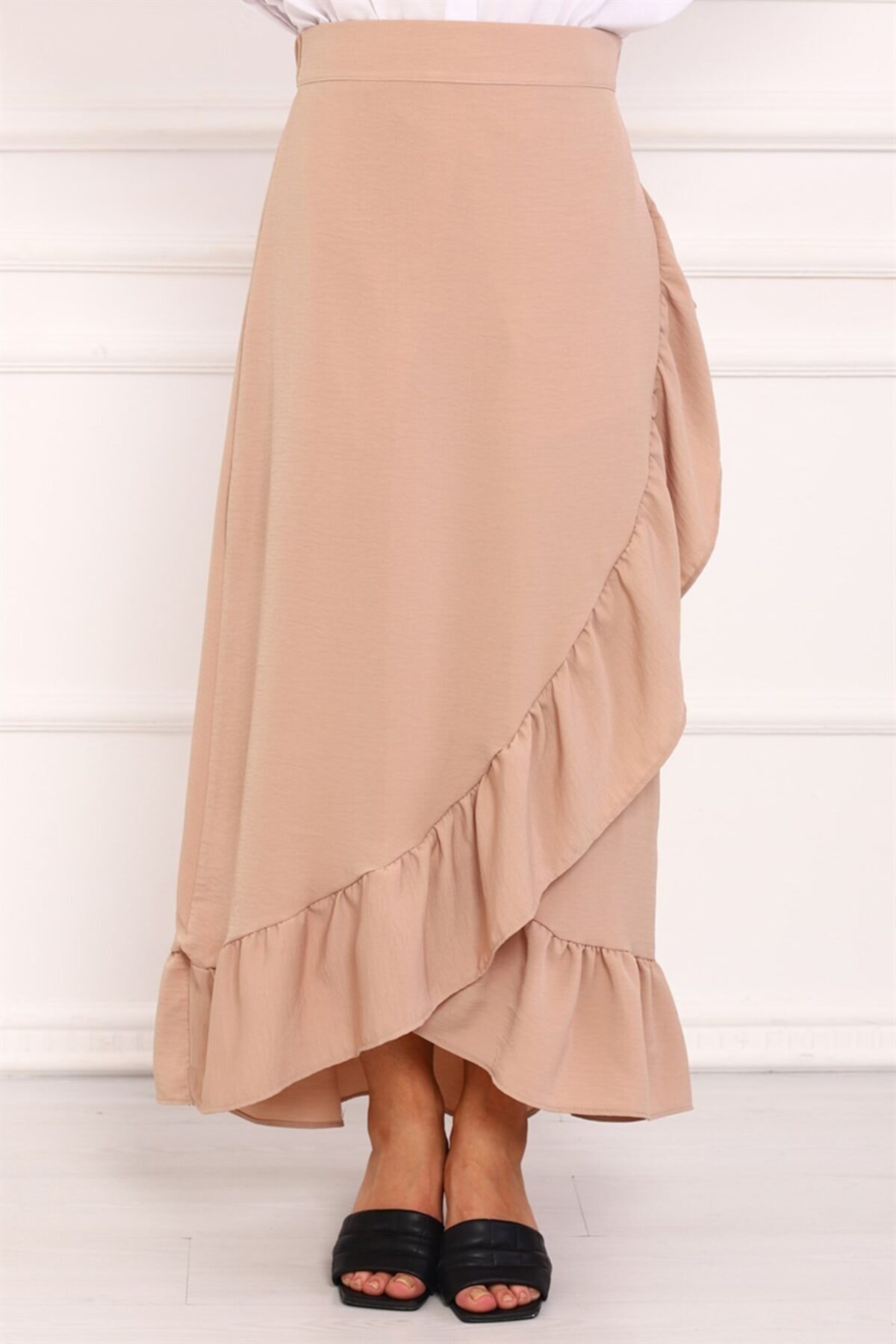 ModaBerfu Fırfır Detaylı Tek Renk Etek (bej)