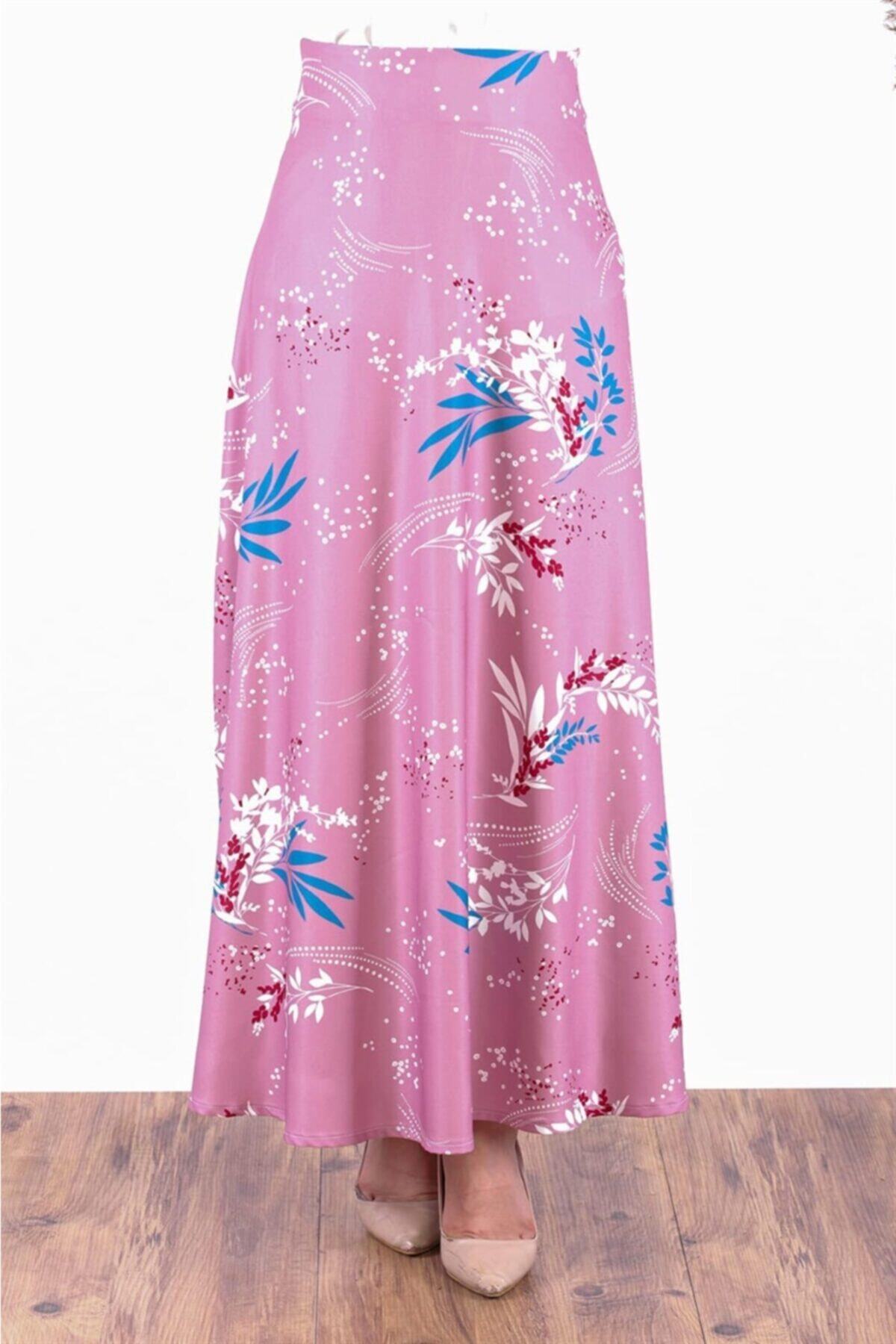 ModaBerfu Yaprak Desenli Kloş Etek (pembe)