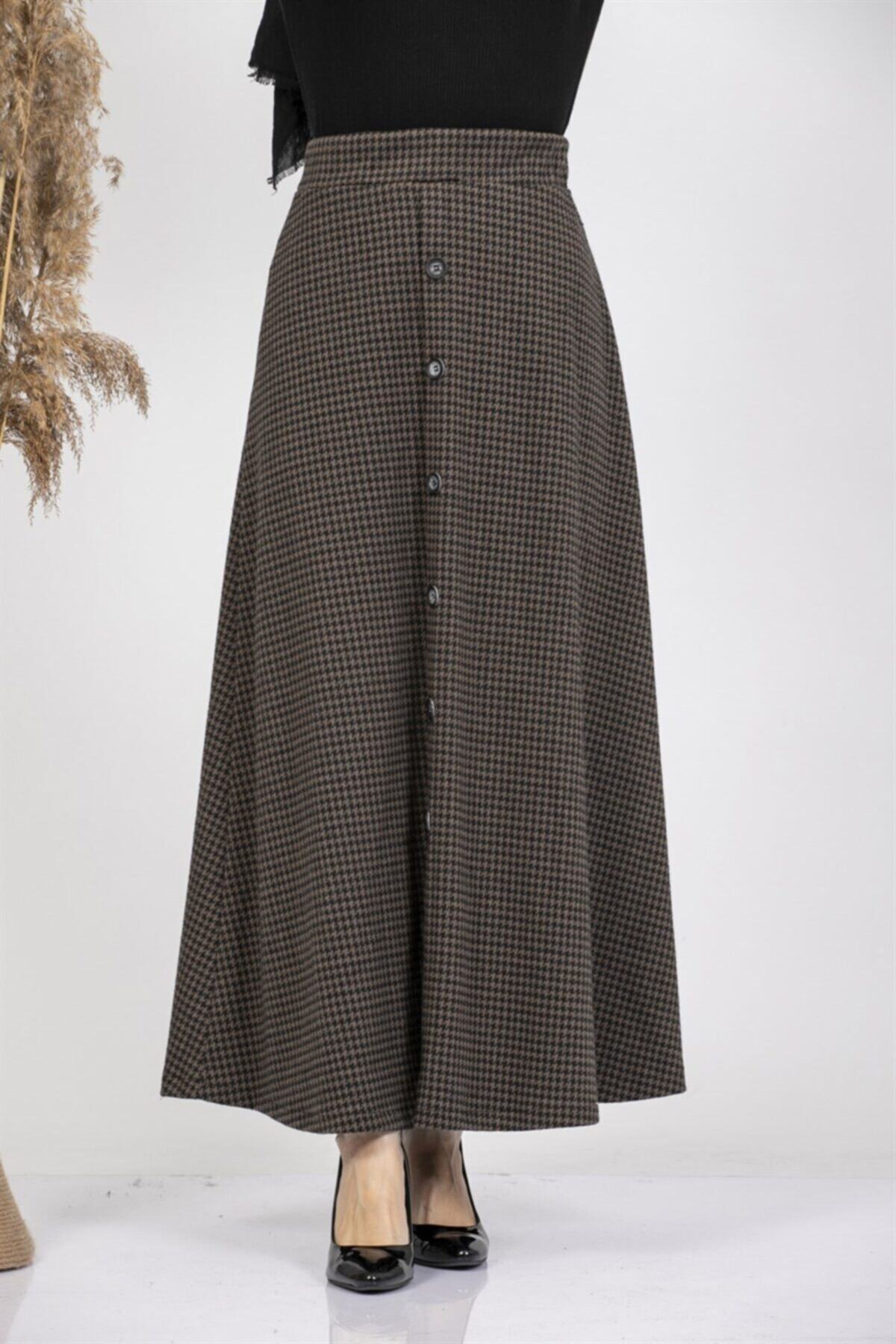 ModaBerfu Büyük Kazayağı Desenli Etek (vizon)