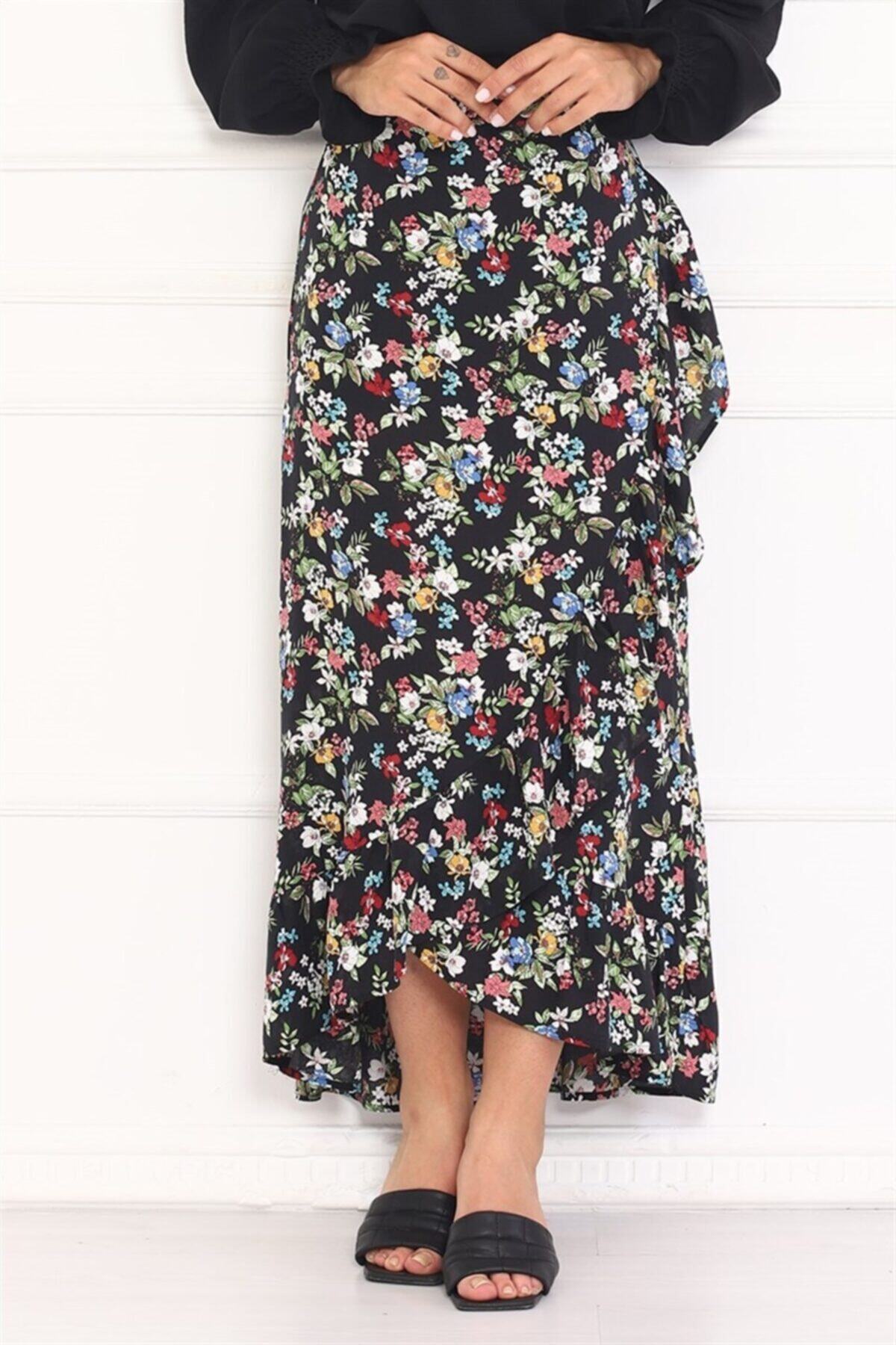 ModaBerfu Renkli Çiçek Desenli Fırfırlı Etek (siyah)