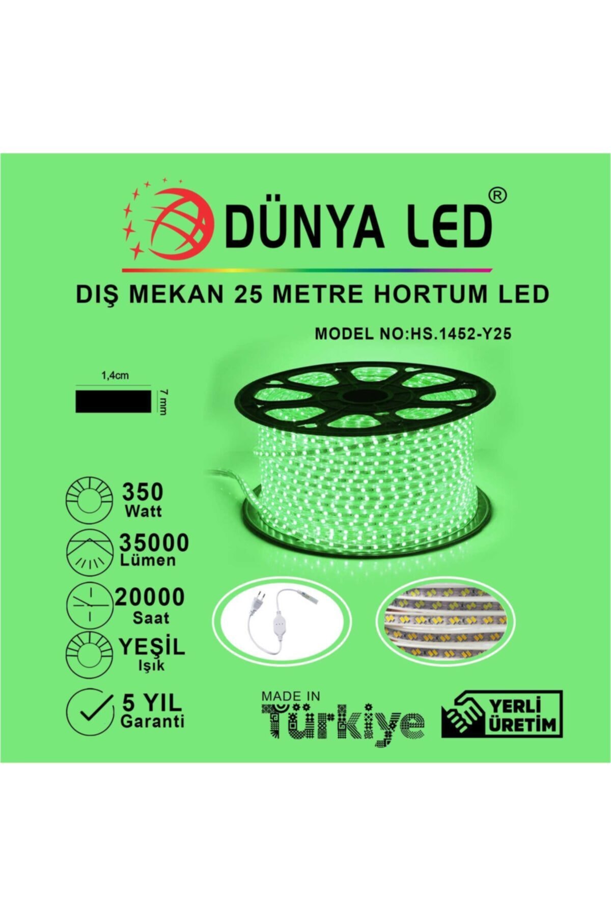 DÜNYA LED Hs.1452-y25 220v 120 Ledli Yeşil Hortum Led 25 Metre + Aparat Hediye