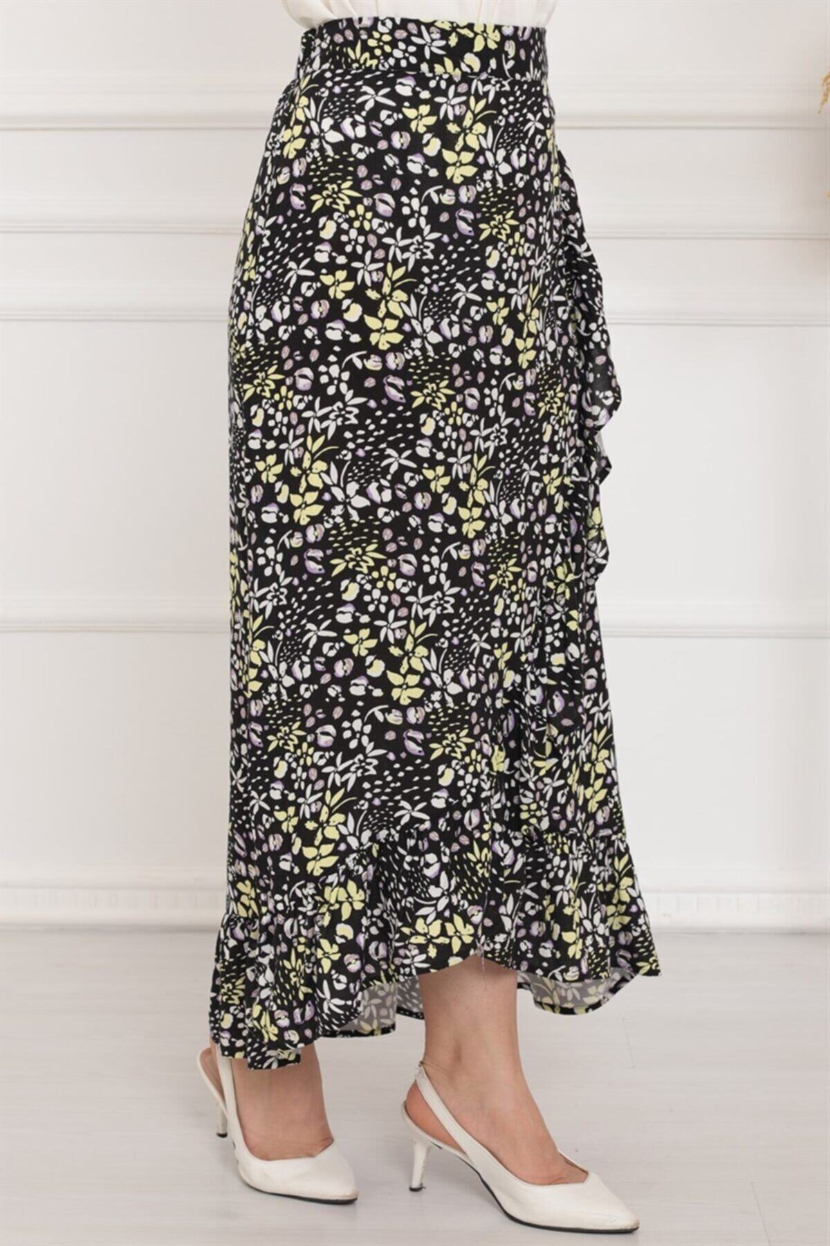 ModaBerfu Çiçek Desenli Fırfırlı Etek (sarı-beyaz)