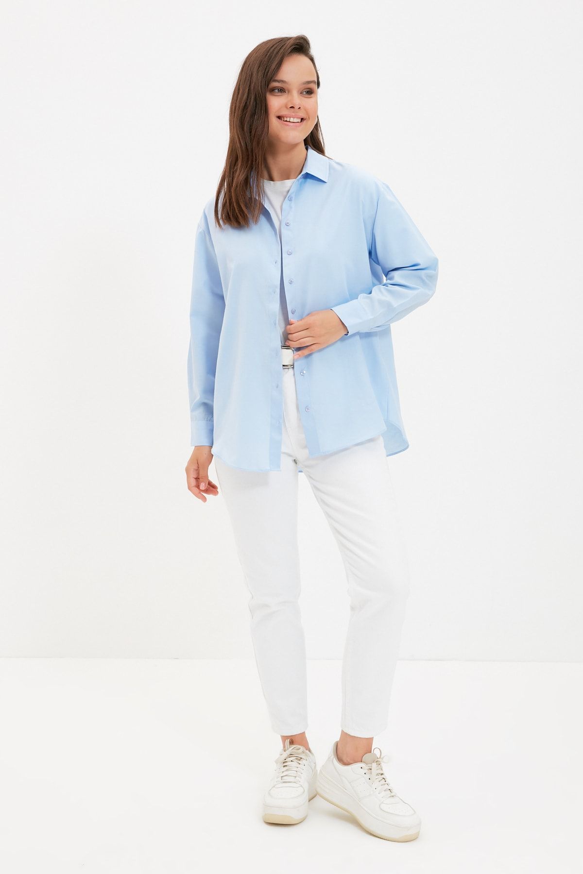 Trendyol Modest Mavi Gömlek Yaka Tunik TCTAW22UK0083