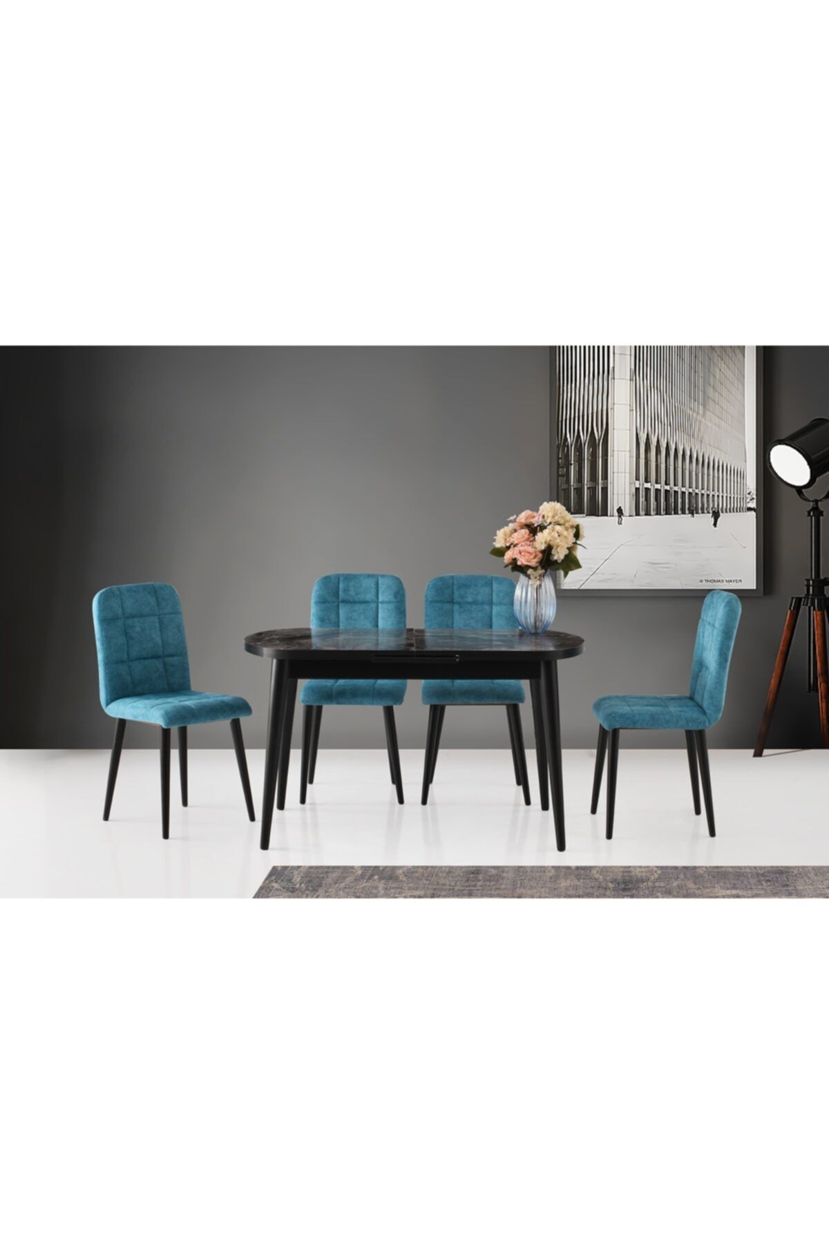 Evistro Ortadan Açılır Ahşap Salon Yemek Masası Oval Mermer Desen + 6 Turkuaz Sandalye Takım