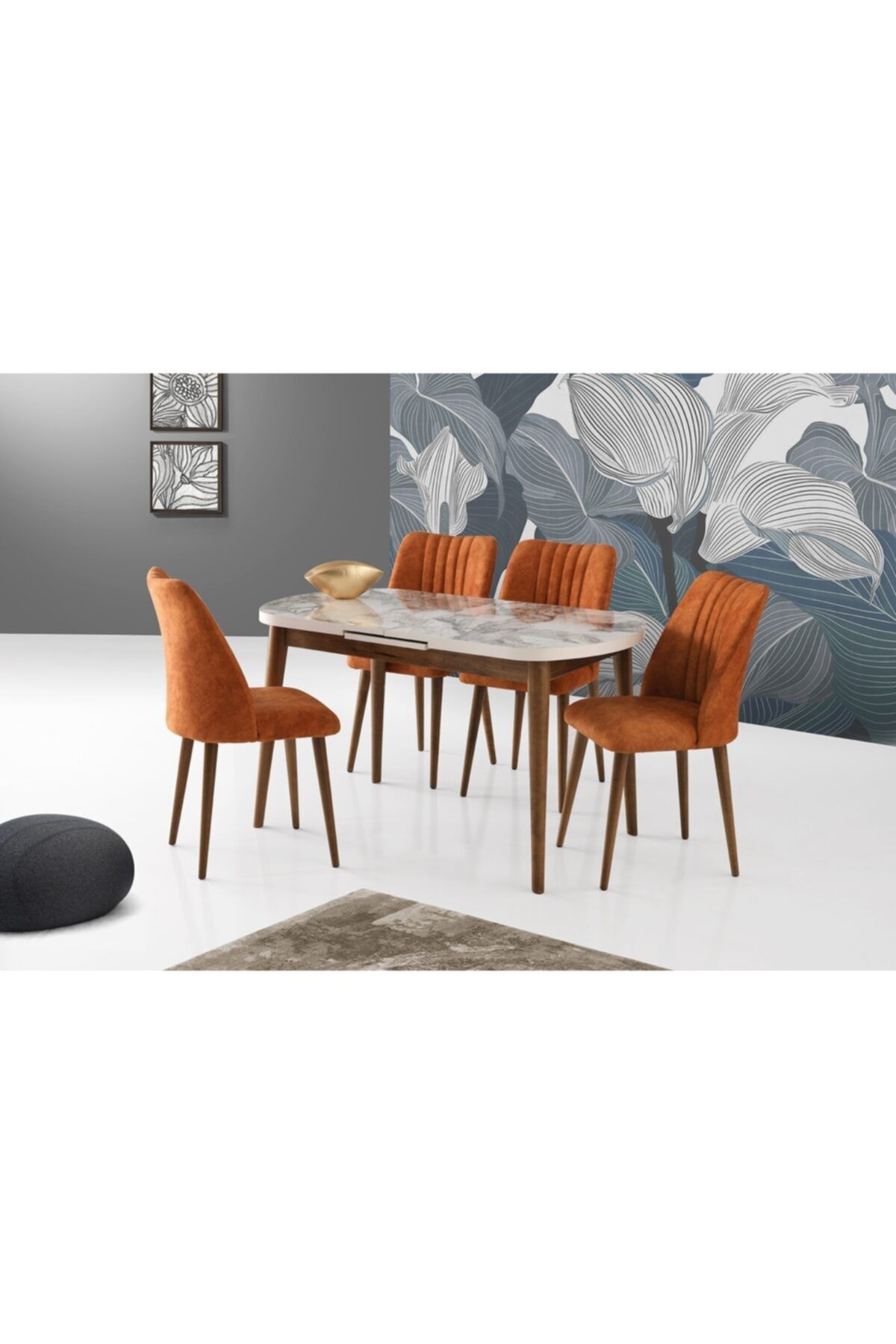 Evistro Ortadan Açılır Ahşap Salon Yemek Masası Oval Mermer Desen + 4 Kiremit Sandalye Takım