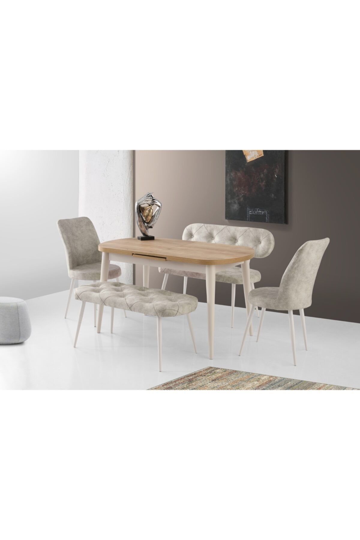 Evistro Ortadan Açılır Ahşap Salon Yemek Masası Meşe +sandalye+bench Puf Takımı
