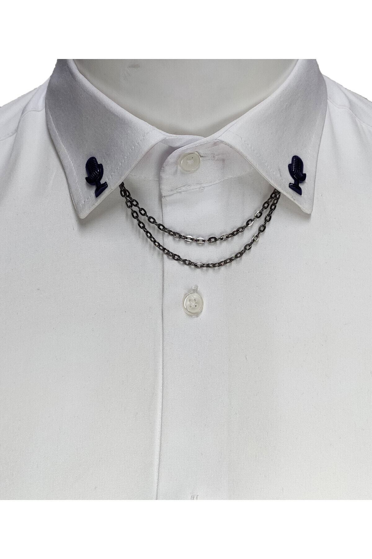 Elegante Cravatte Mikrofon Figürlü Zincirli Gömlek Yaka Iğnesi Lacivert Renk