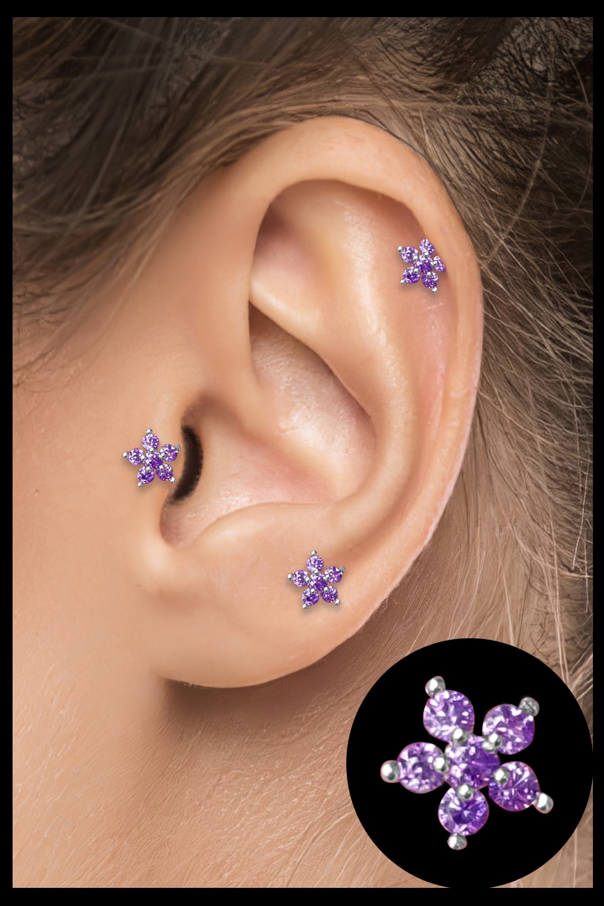 Salyangoz Company Cerrahi Çelik Kıkırdak Helix Tragus Piercing Mor Çiçek Figür (1 Adet) Mrcck01