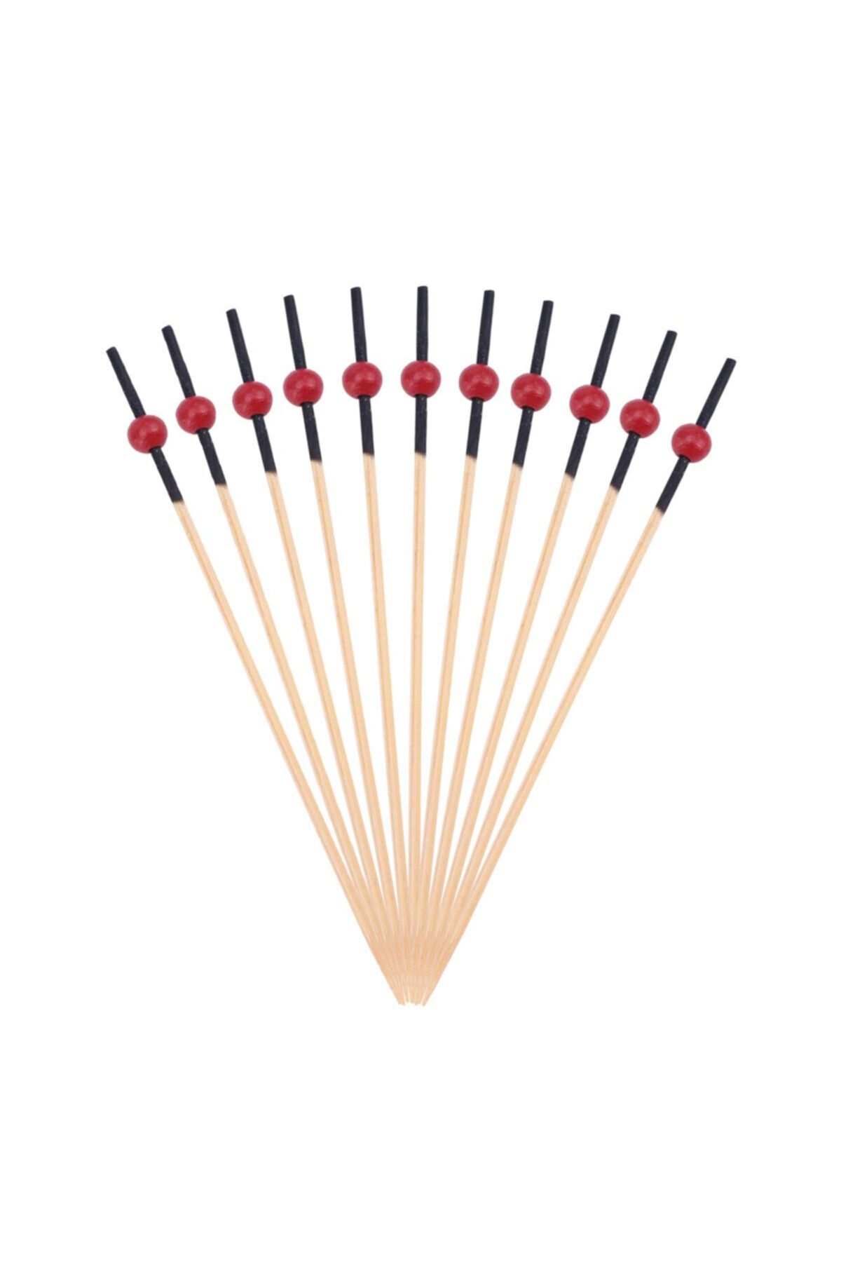 PASTRY PLANET Kırmızı Boncuklu Siyah Çizgili Bambu Kürdan 12cm