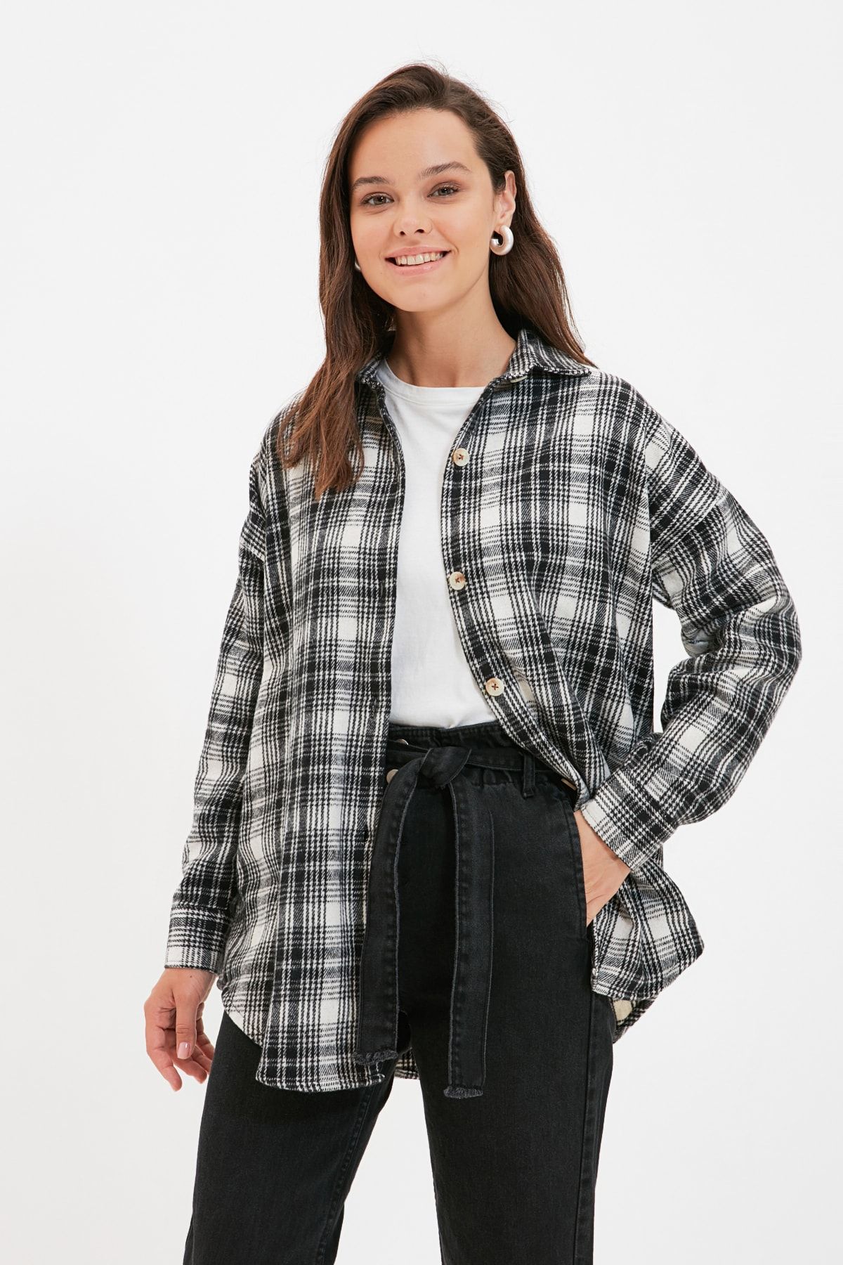 Trendyol Modest Siyah Oduncu Ekose Gömlek Tunik TCTAW22UK0135