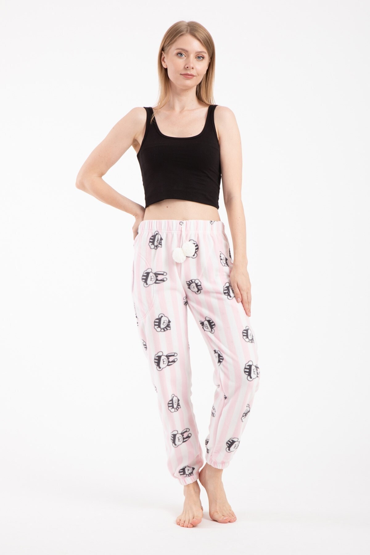 Pemilo Kadın Ayı Desenli Cepli Manşetli Polar Tek Alt Pembe