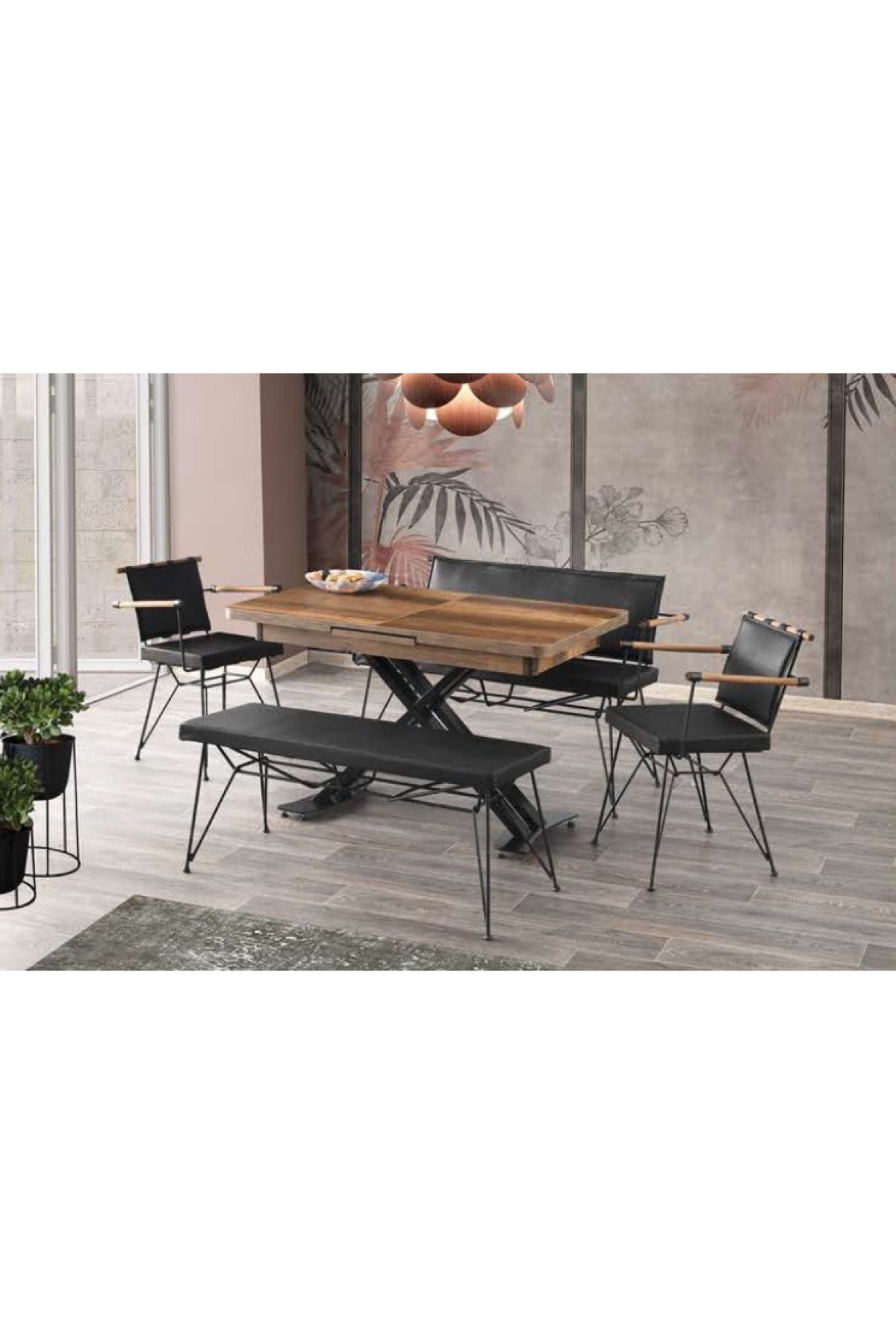 cheetah Silva Masa / Barok Ceviz + 2 Adet Sandalye + 2 Adet Penyez Bench