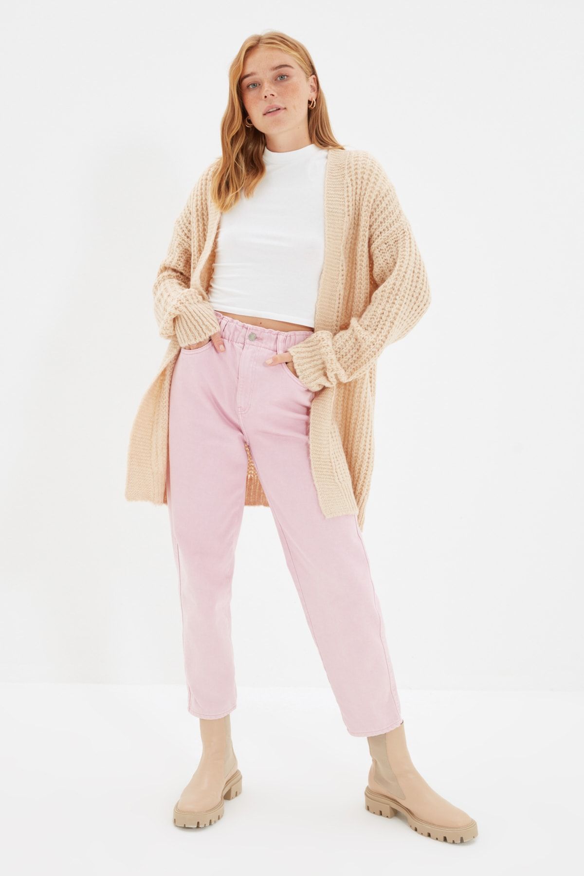TRENDYOLMİLLA Bej Oversize Örgü Detaylı Triko Hırka TWOAW22HI1016
