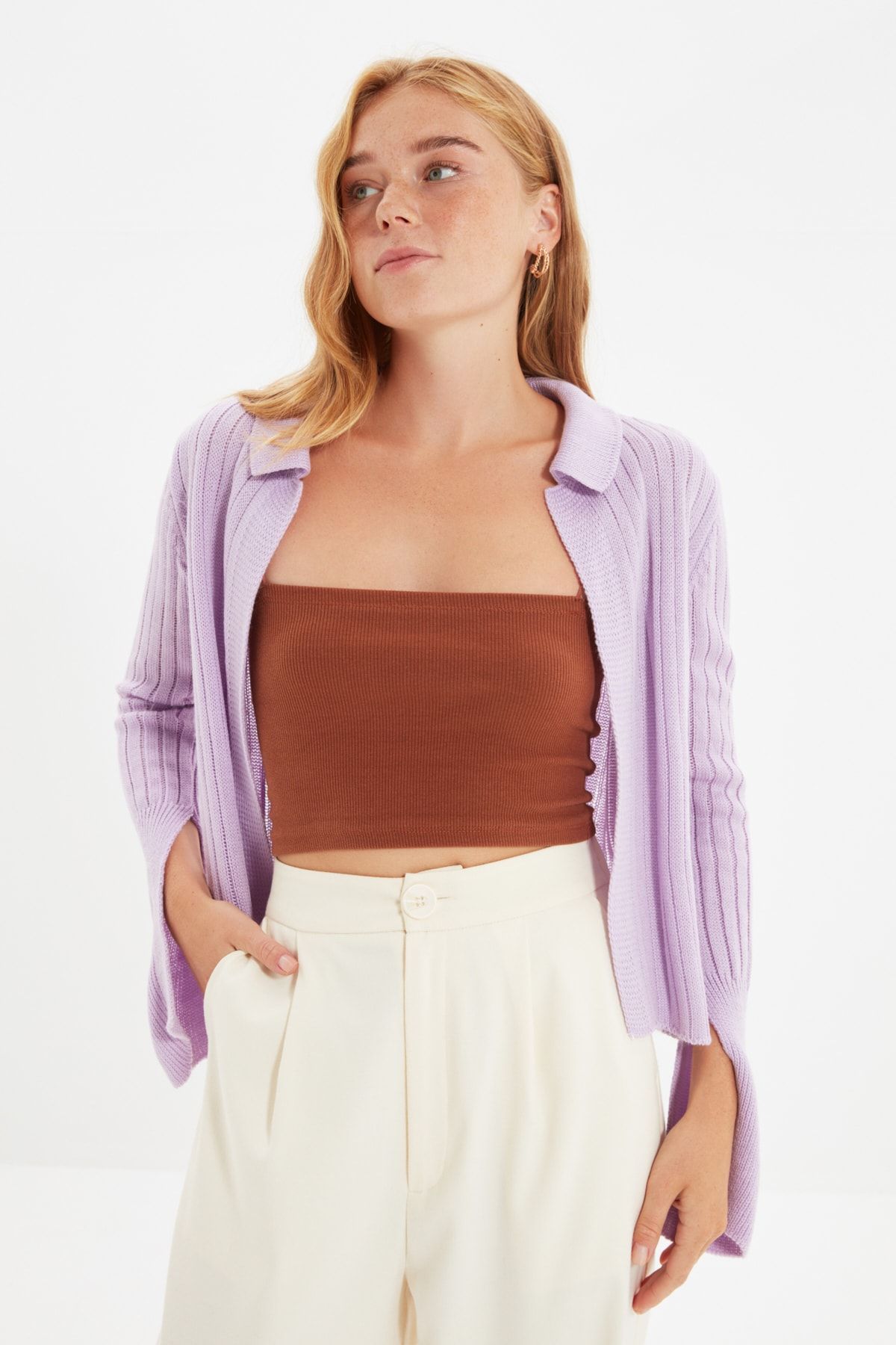 TRENDYOLMİLLA Lila Polo Yaka Triko Hırka TWOAW22HI0742