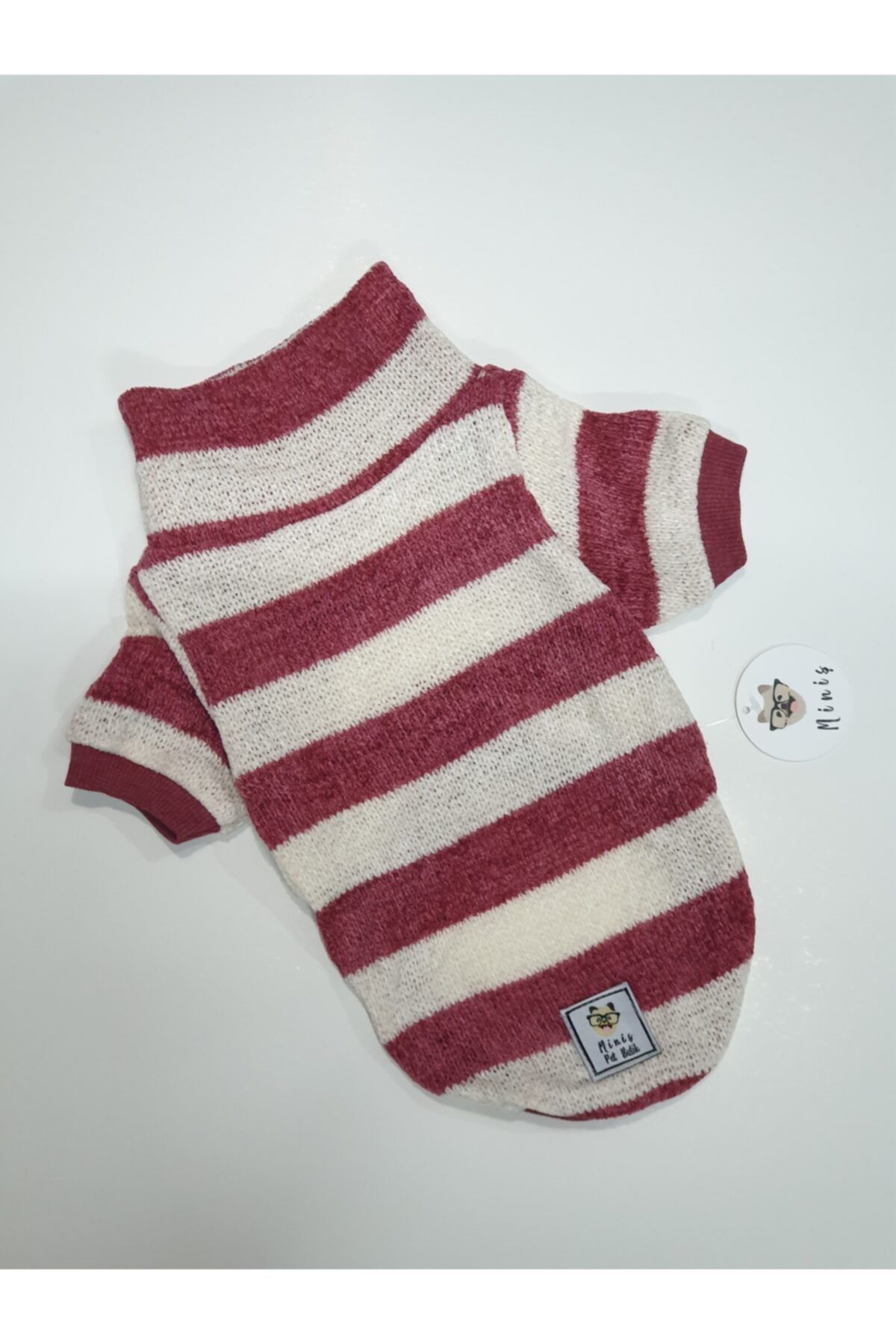 MİNİŞ PET BUTİK Bordo - Beyaz Çizgili Balıkçı Yaka Triko