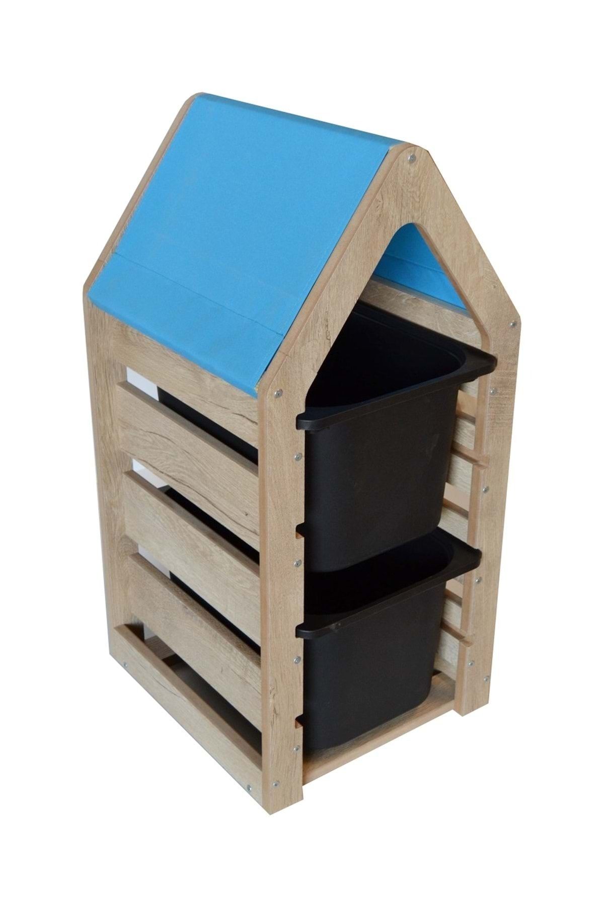 Damla Toys Montessori Mavi Oyuncak Saklama Düzenleme Ünitesi Dolabı - 2 Büyük Siyah Trofast Sepetli
