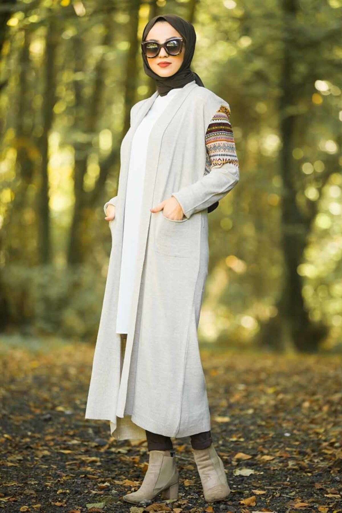 Neva Style - Kolları Desenli Bej Tesettür Triko Hırka 15725bej