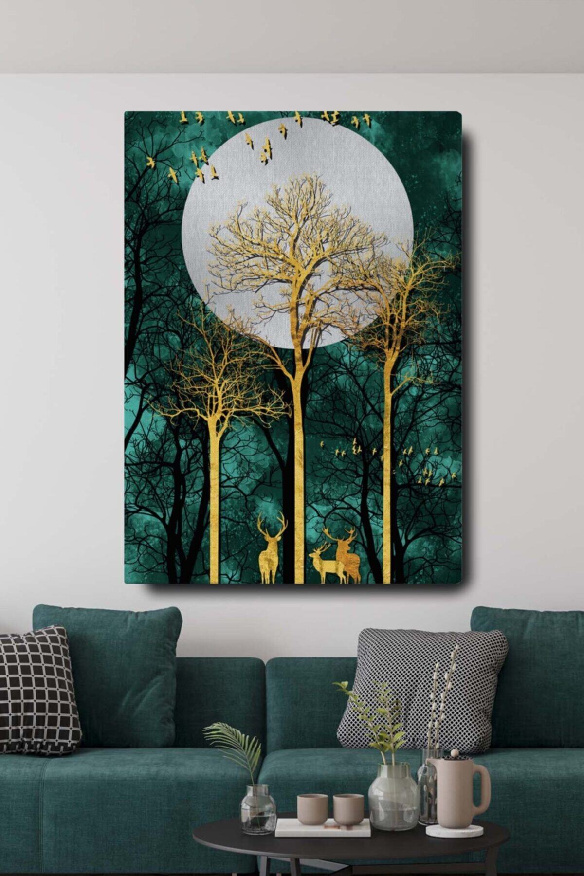 Blok Design Dekoratif Soyut Altın Geyik Ağaç Ve Kuşlar Sürreal Kanvas Duvar Tablosu 70x100cm