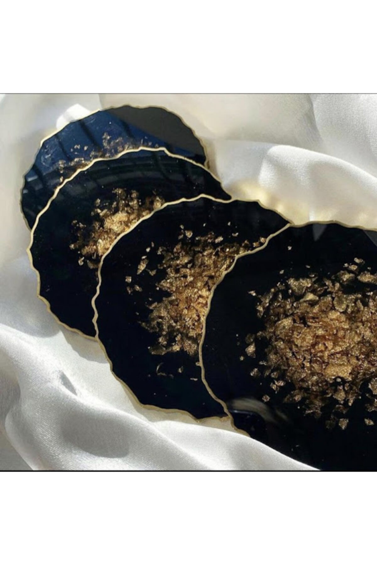 MAVİ KELEBEK TASARIM Epoksi Altın Varaklı Siyah Oval Bardak Altlığı