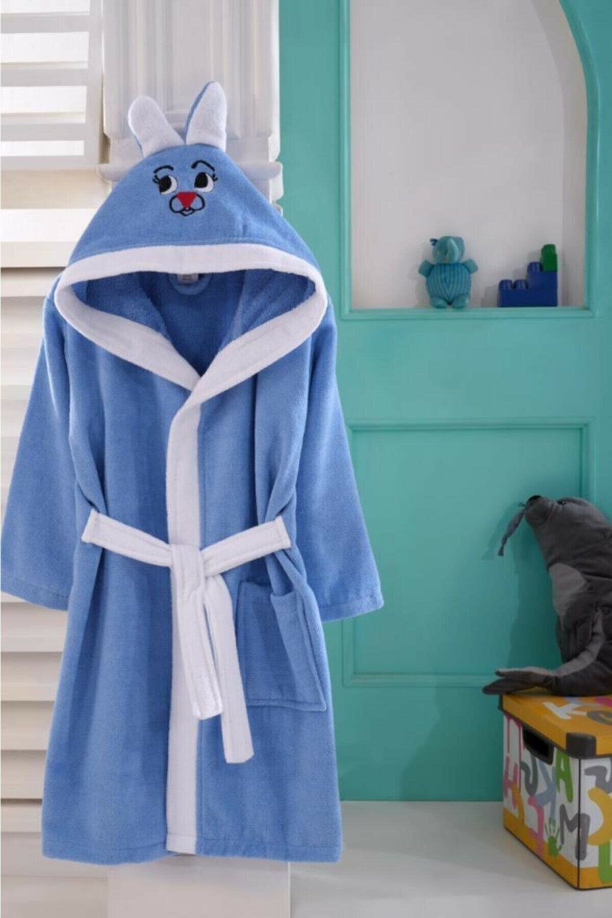 JUNG %100 Pamuklu Kapşonlu Nakışlı Unisex Tavşan Kulaklı Çocuk Bornozu 9- 10 Yaş