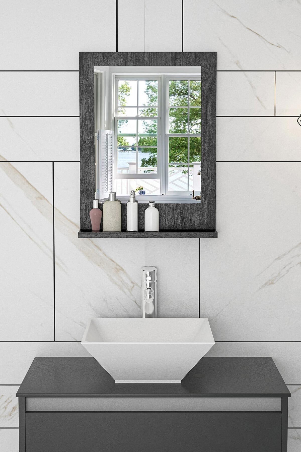 bluecape Verona 45x60cm Siyah Raflı Dresuar Hol Koridor Duvar Salon Banyo Wc Ofis Çocuk Yatak Odası Boy Ayna