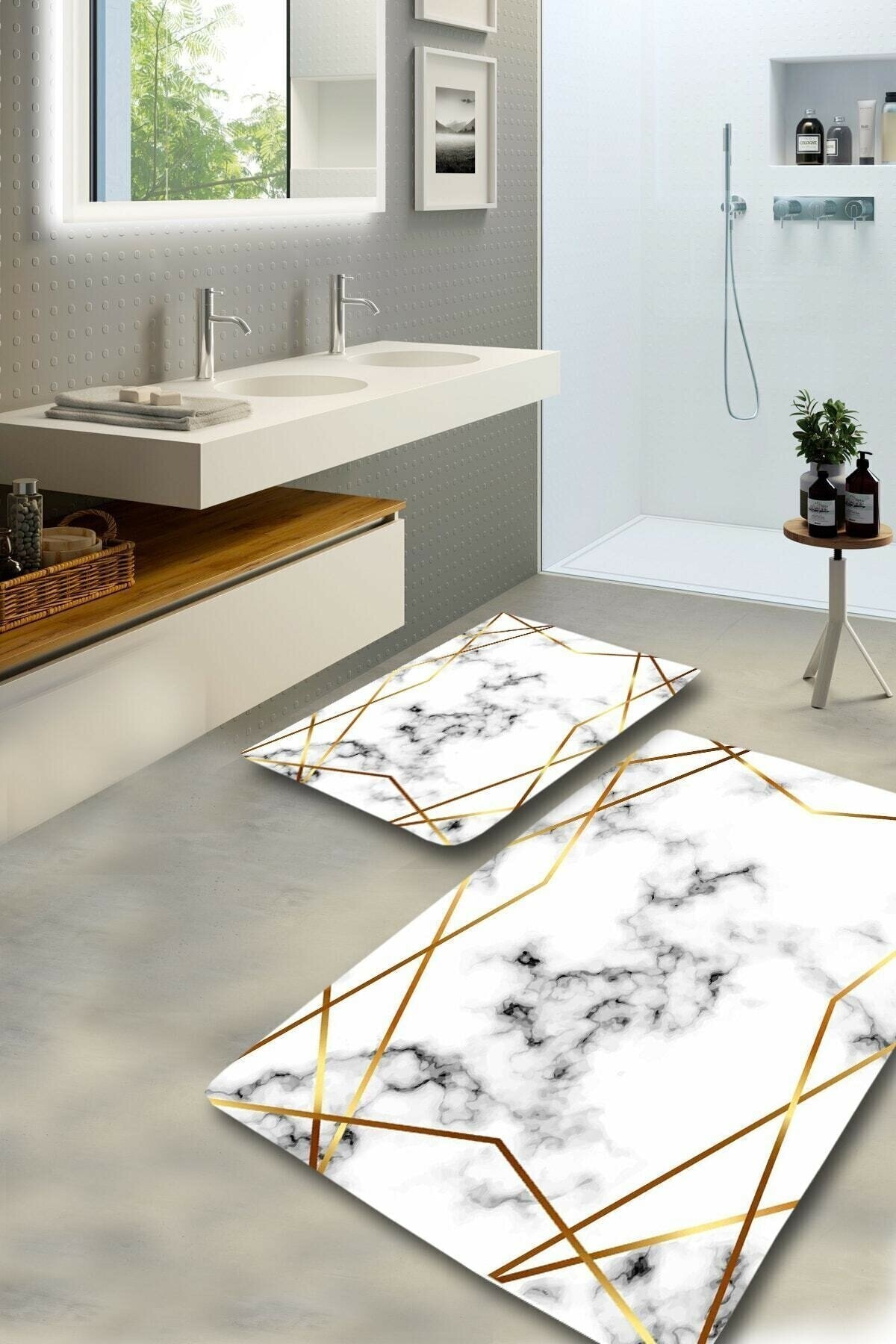 Resmiro Gold Frame Çerçeveli Mermer Desenli Yıkanabilir 2li Banyo Halısı Paspas Klozet Takımı