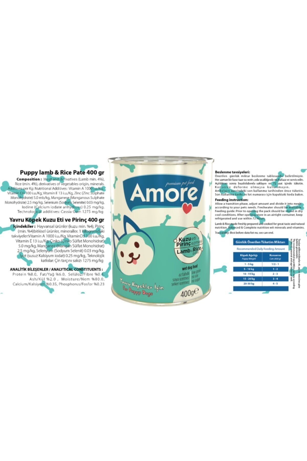 AMORE Puppy Pate Kuzu Etli Pirinçli Konserve Mama 5x400gr + Bosphorus Köpek Protein Vitamin 60 Tablet
