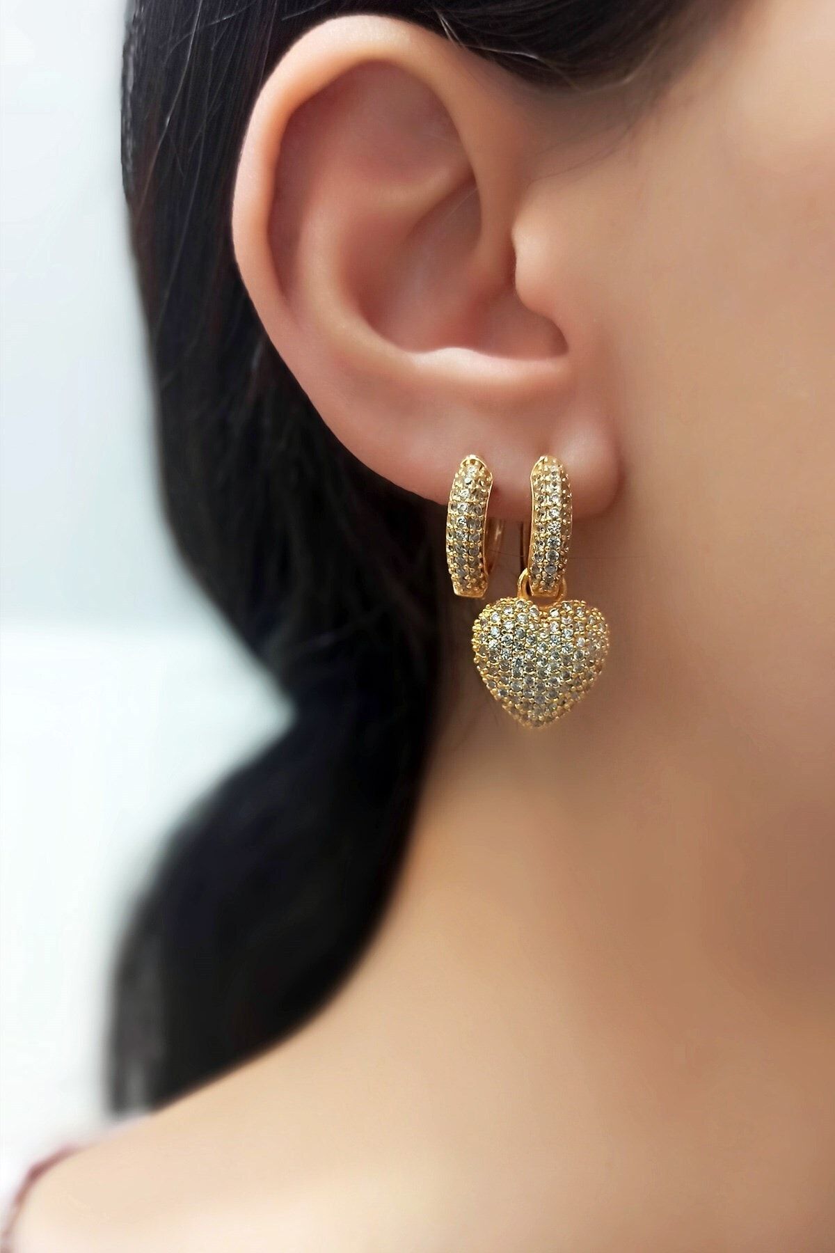 Çlk Accessories Özel Seri Zirkon Taşlı 2 Li Kalp Halka Küpe Trküpe34054 B34003