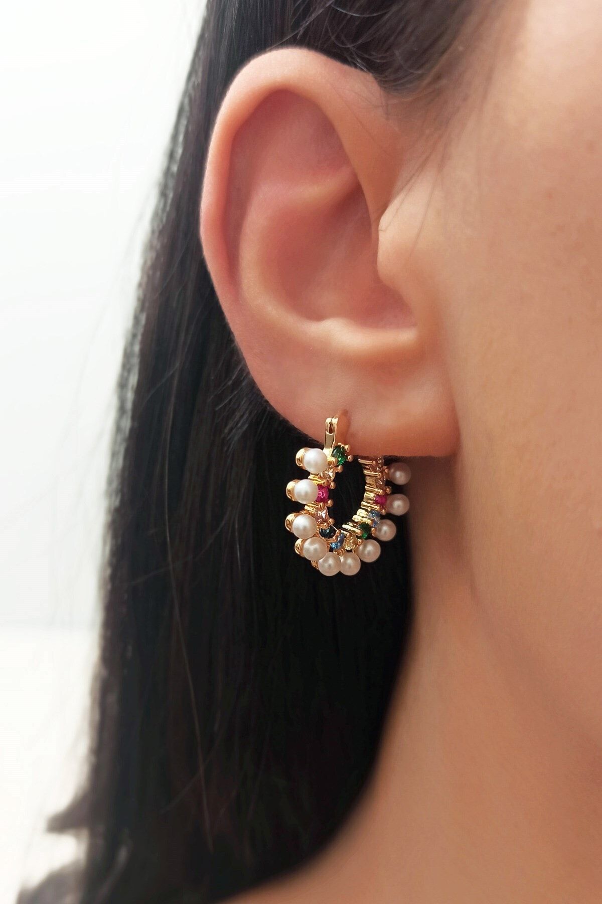 Çlk Accessories Taşlı Incili Halka Küpe Trküpe34041 B5503