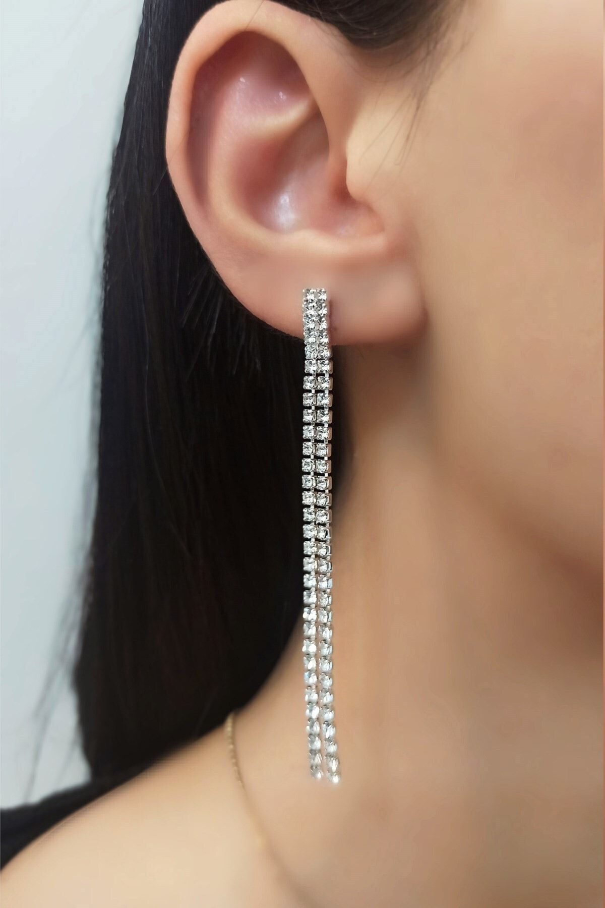 Çlk Accessories Abiye Küpe Iki Sıra Zirkon Taşlı Sallantı Model Trküpe34058 B32003