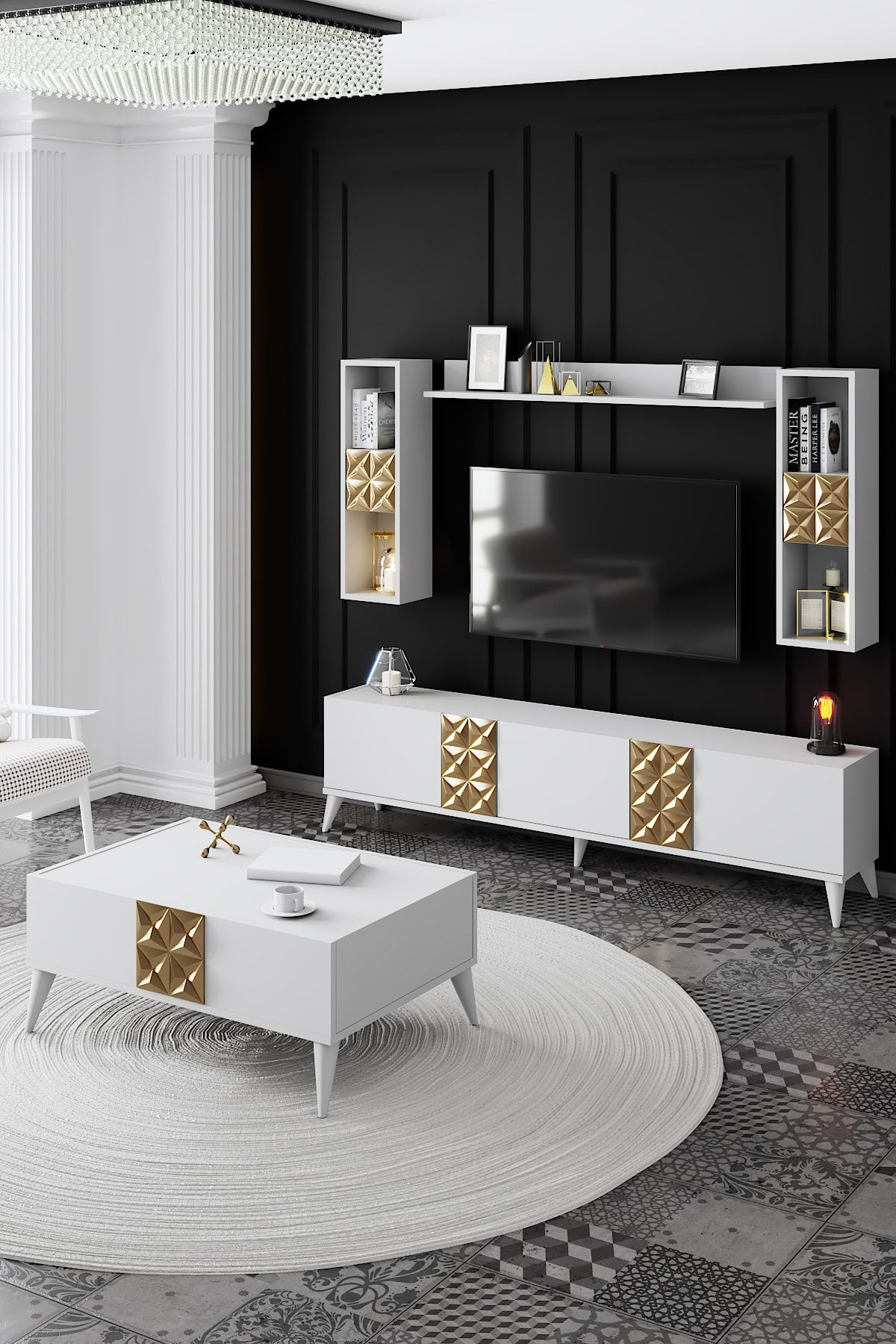 Modatte Kristal_beyaz Gold Kristal Salon Takımı_tv Ünitesi_orta Sehpa