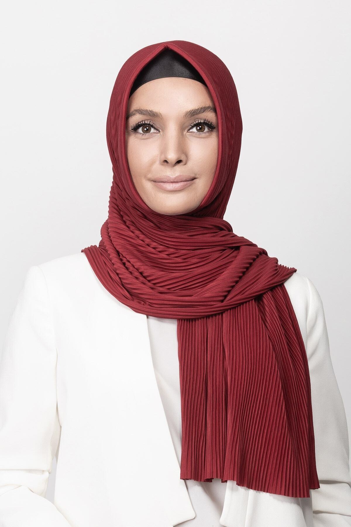 Zehra Hazır Havuz Tesettür Giyim Piliseli Pratik Penye Hazır Şal Bordo - Özel Tasarım- Yeni Model Tesettür Giyim