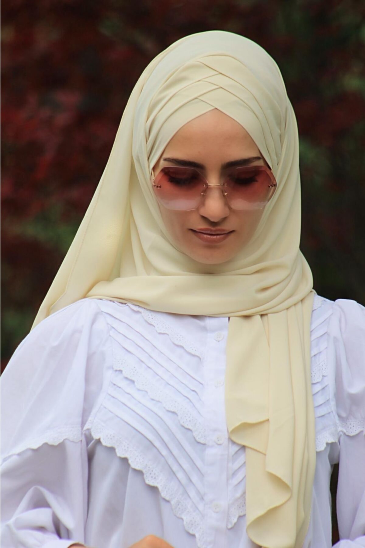 Zehra Hazır Havuz Tesettür Giyim Üc Bandlı Hazır Sal Ekru - Özel Tasarım- Yeni Model Tesettür Giyim