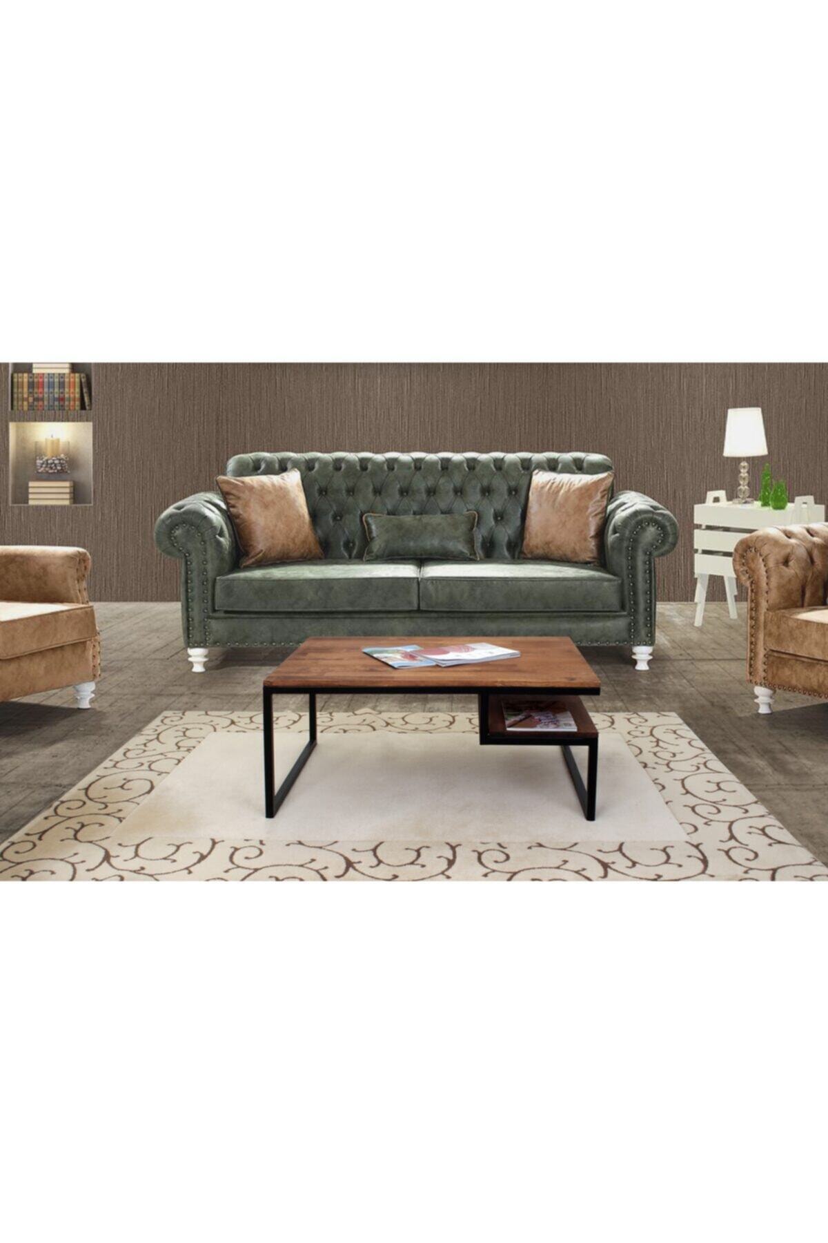 İskarpela Tasarım Iskarpela Klas  Metal Ahşap Yarım Raflı Orta Sehpa Endüstriyel Retro Tarz Sp6112 -100x70 cm