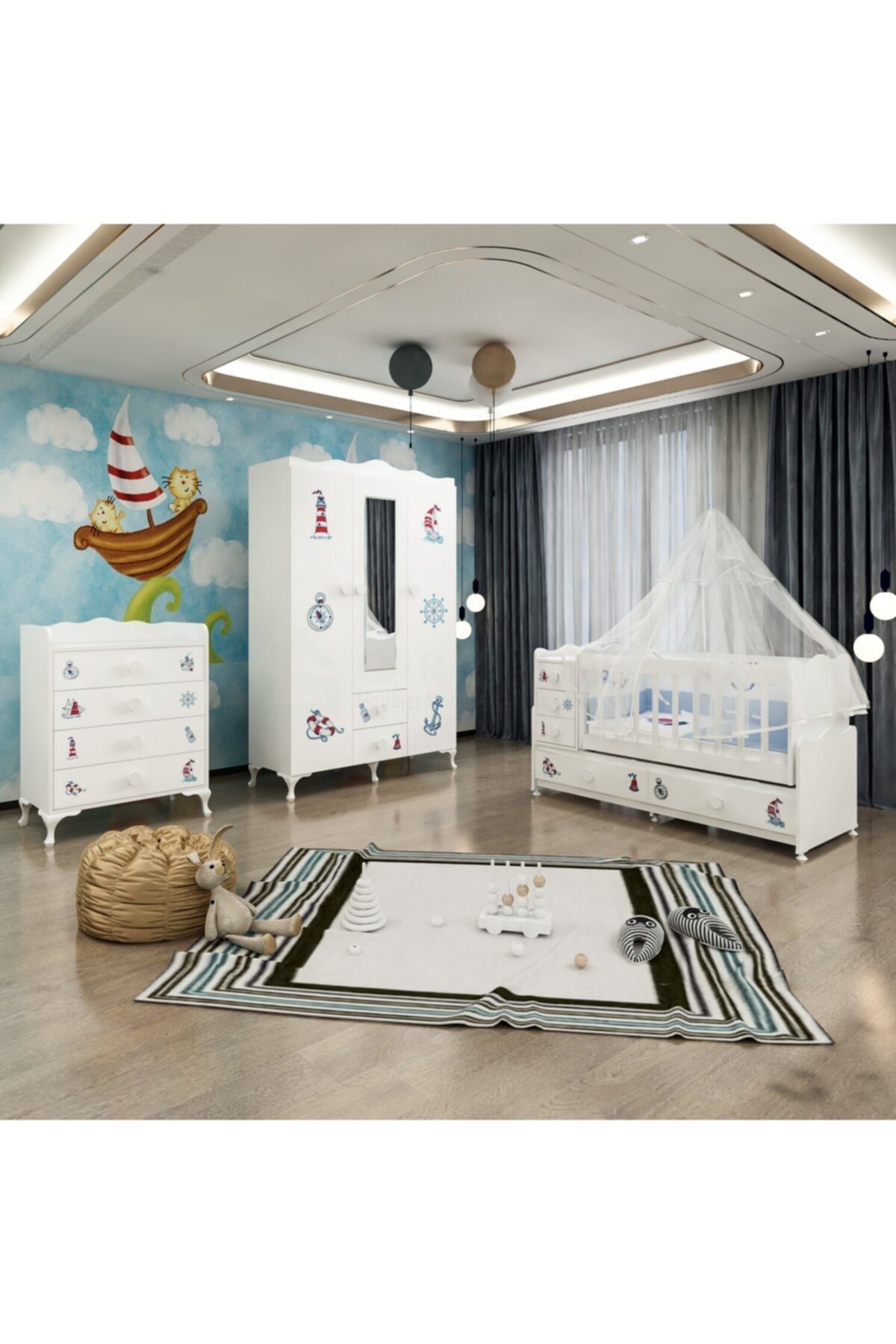 Garaj Home Melina Denizci Bebek Odası Takımı - Yatak Ve Uyku Seti Kombinli Uyku Seti Pembe