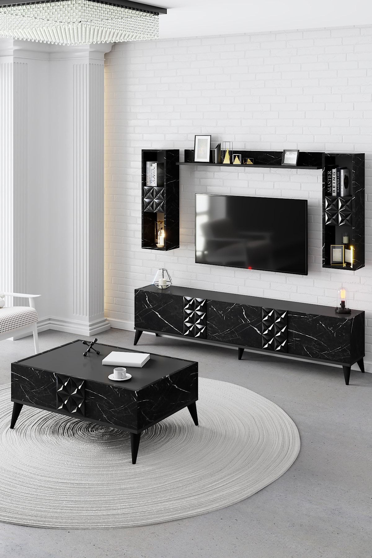 Modatte Kristal_mermer Siyah Kristal Salon Takımı_tv Ünitesi_orta Sehpa