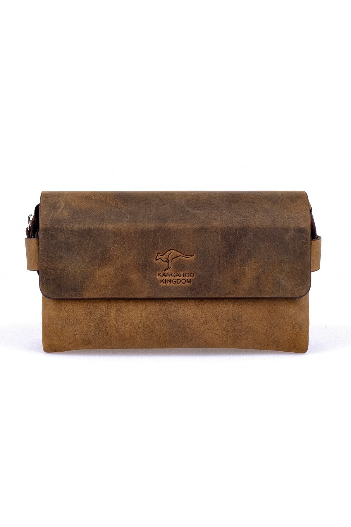 KANGAROO KINGDOM Hakiki Deri Crazy Horse Koyu Camel Erkek El Portföy Clutch Çantası 9288-zkc
