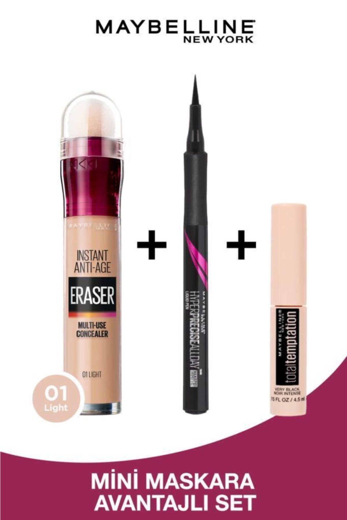 Maybelline New York Instant Anti Age Eraser Kapatıcı 01 Light Hyper Precise Eyeliner 701 Total Temptation Mini Maskara