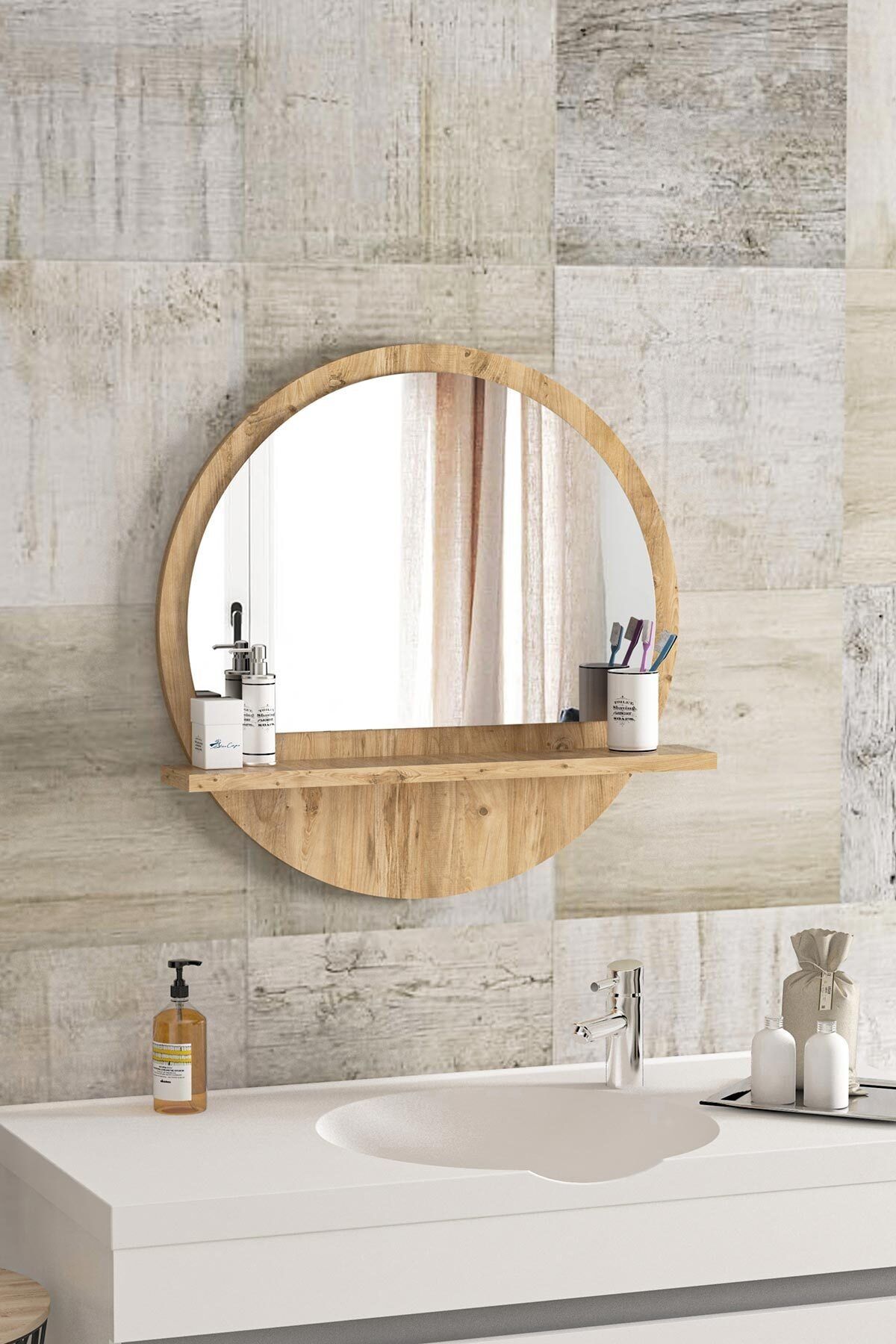 bluecape Yuvarlak Raflı Ayna 45cm Atlantik Çam Dresuar Hol Koridor Salon Banyo Wc Ofis Çocuk Yatak Odası Boy