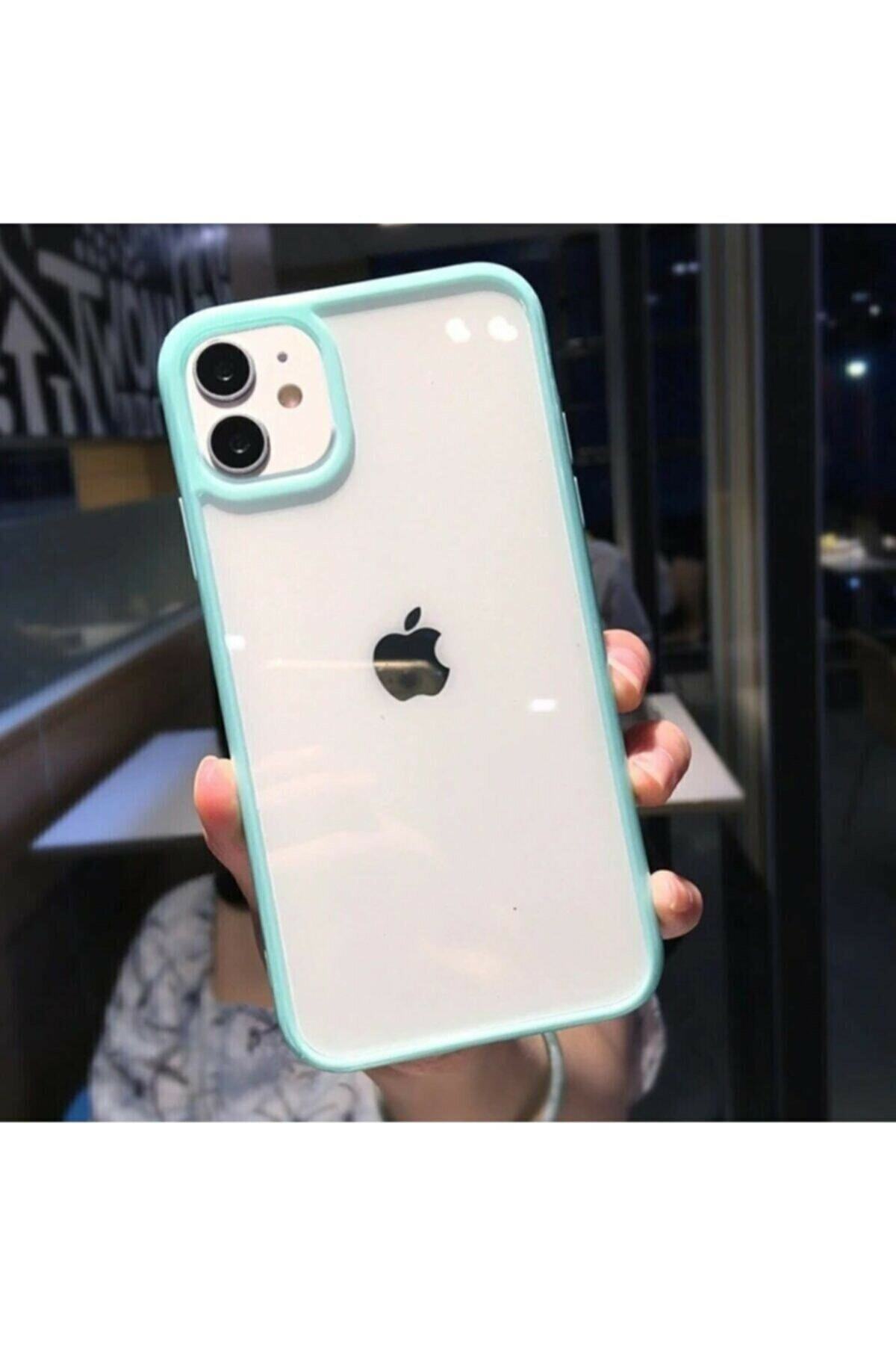 Tria Iphone 11 Uyumlu Kenarı Darbe Önleyici Renkli Arkası Şeffaf Mika Silikon Telefon Kılıfı Turkuaz
