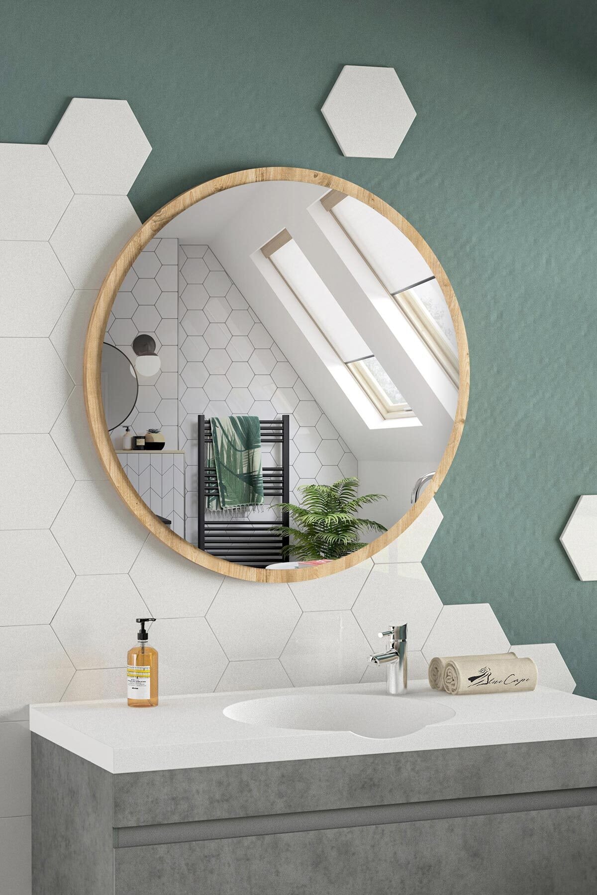bluecape Yuvarlak Ayna 60cm Atlantik Çam Dresuar Hol Koridor Duvar Salon Banyo Wc Ofis Çocuk Yatak Odası Boy
