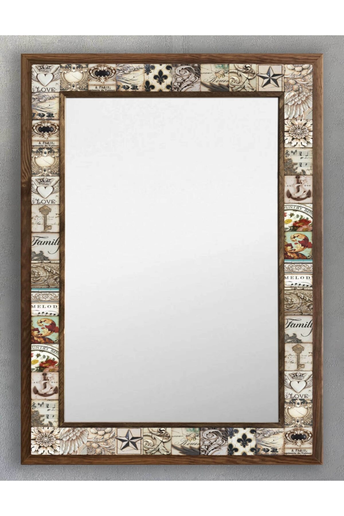 Oscar Stone Decor Ahşap Çerçeveli Mozaik (mermer) Ayna 53x73 Cm Seramik Desenli-vintage-eskitme Ayna