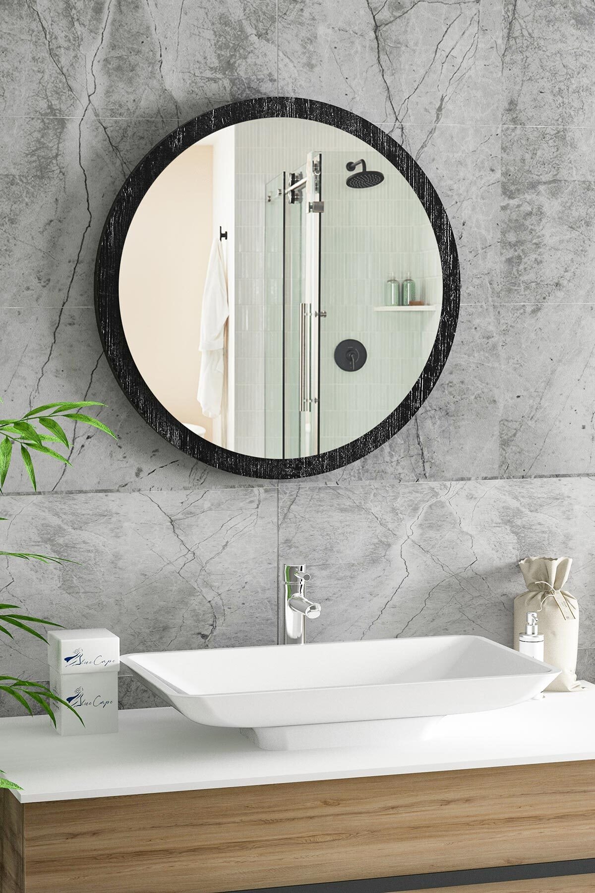 bluecape Yuvarlak Ayna 45cm Siyah Dresuar Hol Koridor Duvar Salon Banyo Wc Ofis Çocuk Yatak Odası Boy